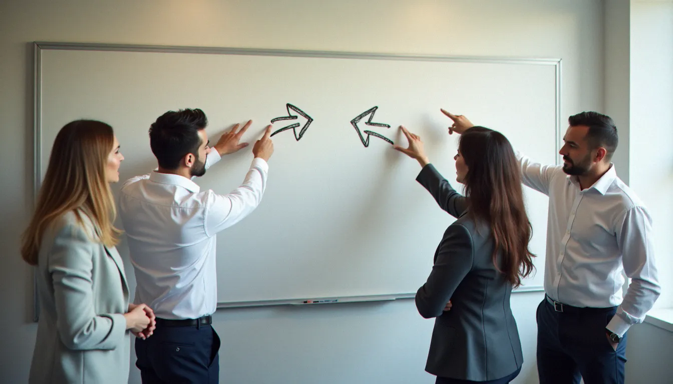 Managers dans un bureau en open space illustrant les causes d'un corp sans tête avec des décisions fragmentées et des priorités contradictoires