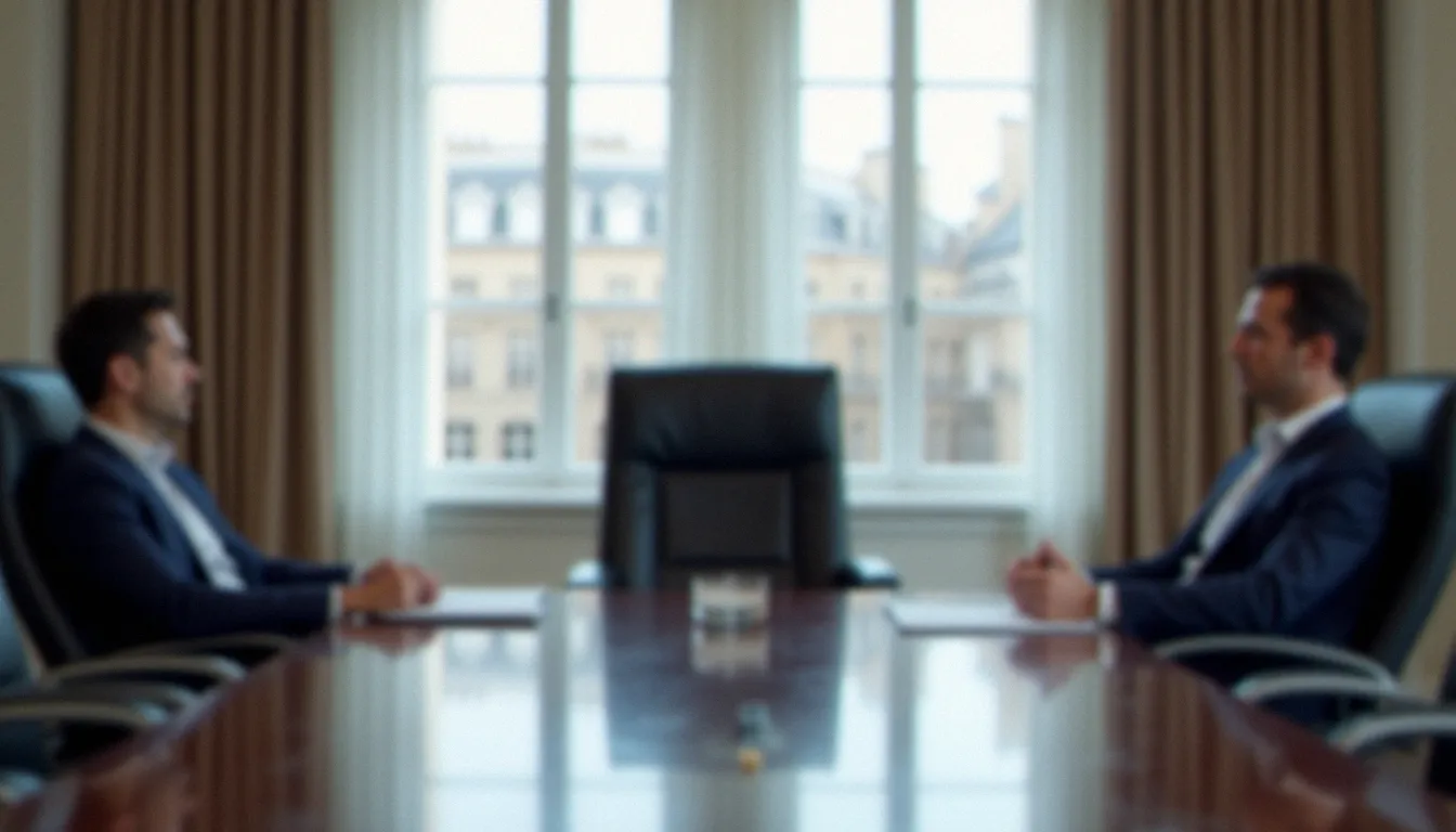 Salle de réunion corporate avec siège de direction vide symbolisant le corp sans tête et l'absence de leadership dans une organisation