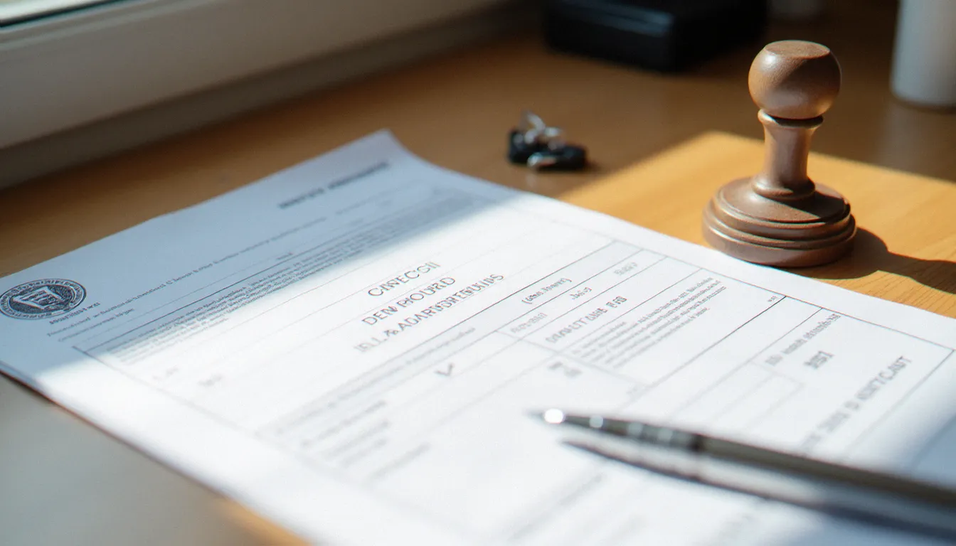 Documents administratifs officiels liés à la déclaration de décès disposés sur un bureau en bois, illustrant les démarches obligatoires après la découverte d'un corp sans vie