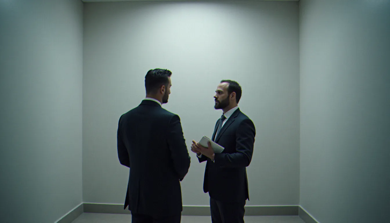 Deux professionnels des pompes funèbres en costume sombre discutant dans une salle de préparation, représentant l'accompagnement expert lors de la prise en charge d'un corp sans vie