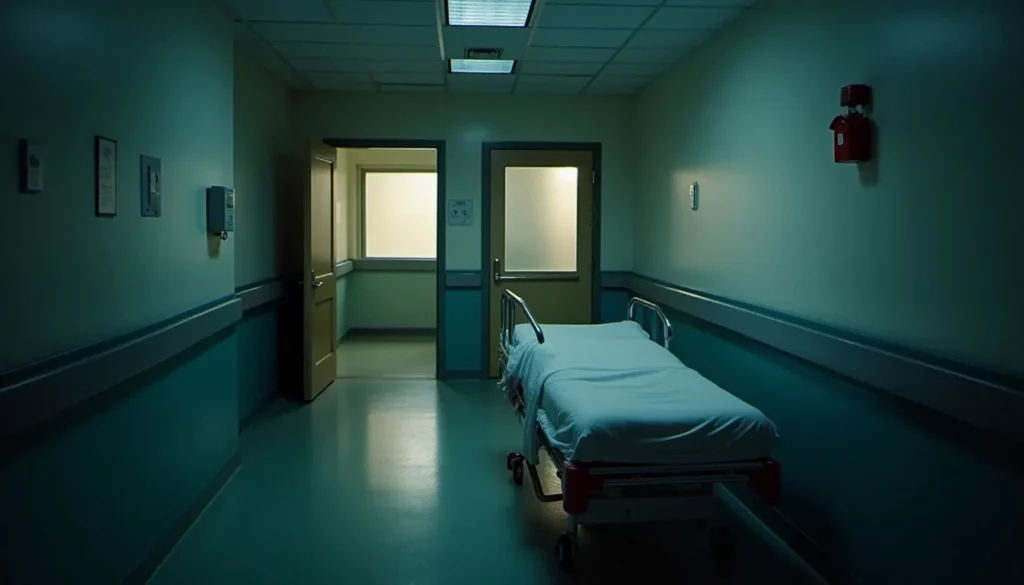 Couloir d'hôpital calme et éclairé sobrement, avec un brancard vide symbolisant la prise en charge d'un corp sans vie dans un cadre médical réglementé