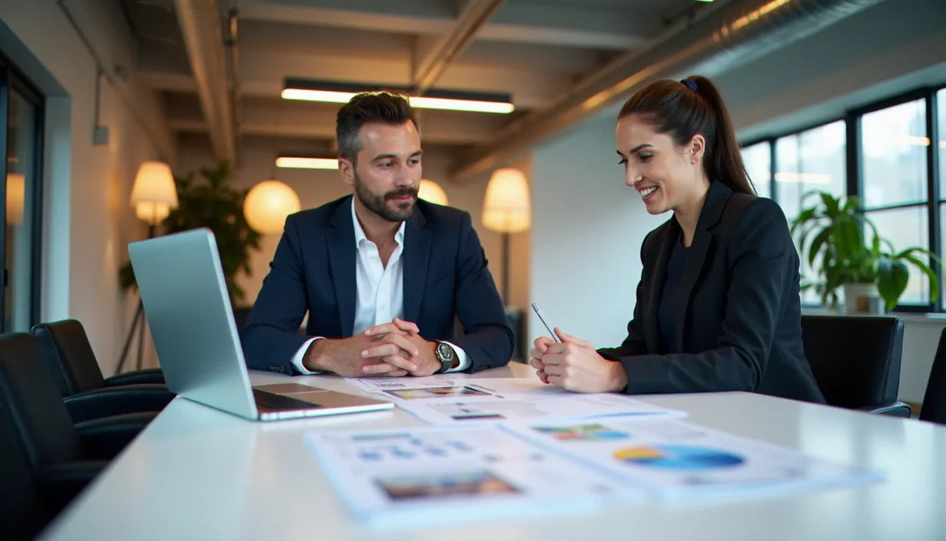Deux responsables RH d'une PME française passant en revue des profils de cadres sur une plateforme de recrutement, représentant les services corporate APEC pour entreprises