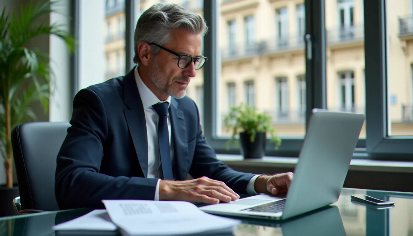 Consultant corporate analysant des documents de stratégie RH cadres dans un bureau parisien moderne, illustrant l'approche corporate APEC pour les dirigeants d'entreprise
