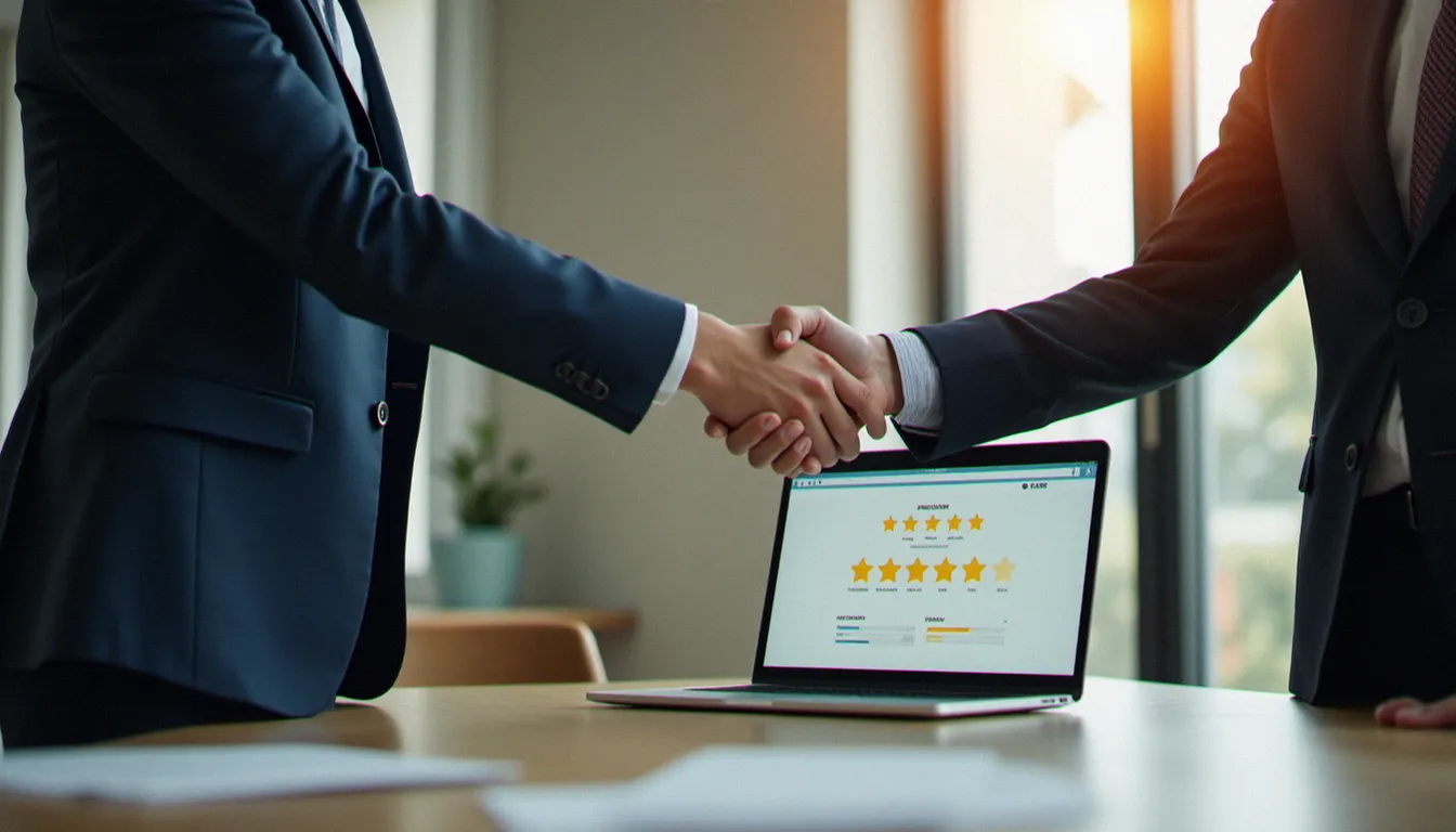 Deux professionnels B2B concluant un accord de confiance renforcé par une stratégie de gestion d'avis corporate visible sur ordinateur