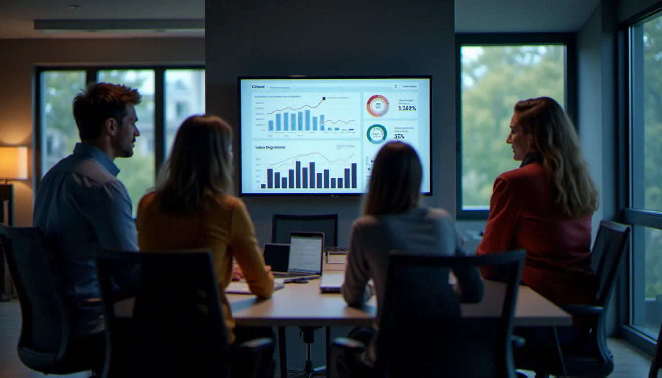 Équipe PME analysant les indicateurs de performance de leur compte d'avis corporate lors d'une réunion de pilotage stratégique