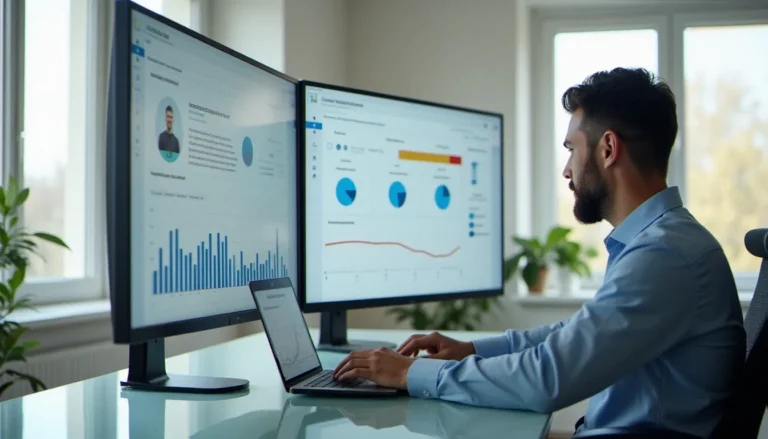 Consultant B2B analysant un corporate avis account sur un tableau de bord digital dans un bureau parisien moderne