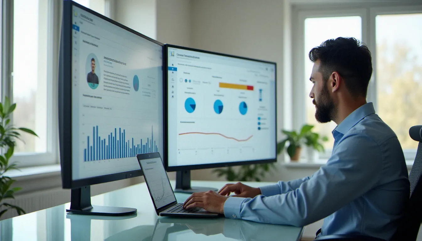 Consultant B2B analysant un corporate avis account sur un tableau de bord digital dans un bureau parisien moderne