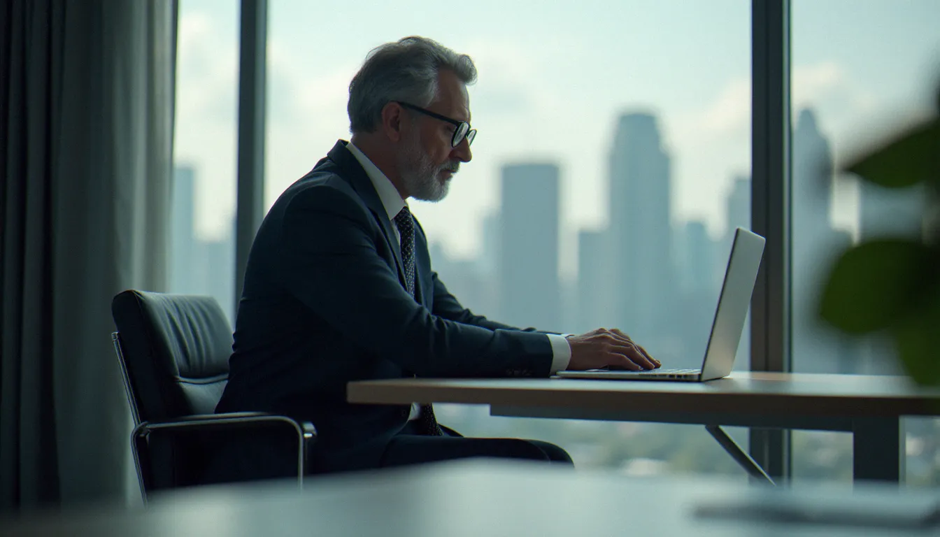 Dirigeant d'entreprise analysant des avis clients en ligne sur un ordinateur portable dans un bureau contemporain avec vue sur la ville