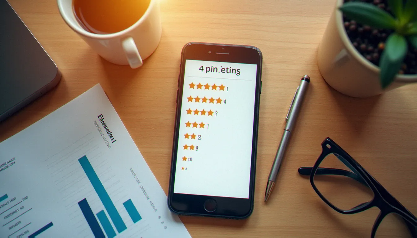 Vue aérienne d'un bureau avec smartphone affichant une note corporate élevée, rapport imprimé et accessoires de travail dans une ambiance matinale