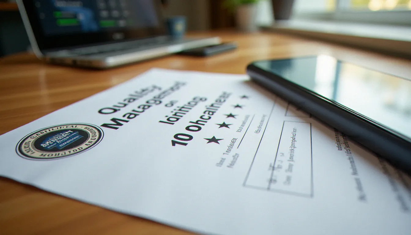Bureau avec documents de certification qualité et interface de notation mobile illustrant les référentiels des corporate avis codes