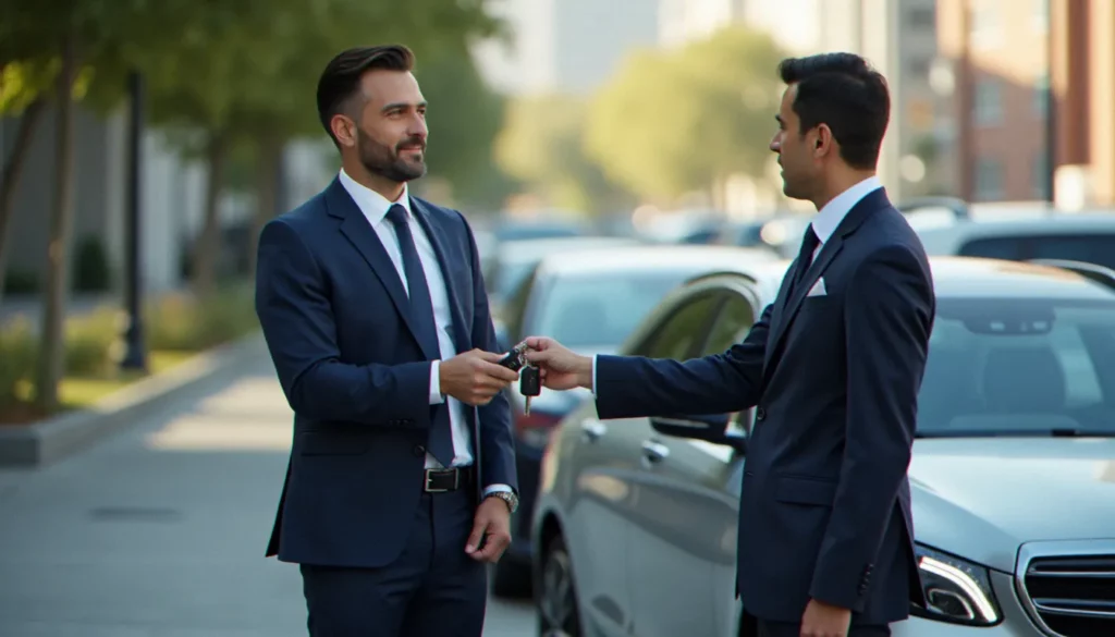 corporate avis discount featured Un dirigeant d'entreprise remettant les clés d'un véhicule de location à un collaborateur dans le cadre d'un contrat corporate Avis Discount