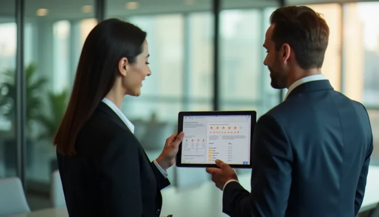 Deux professionnels en entreprise consultant un tableau de bord de corporate avis sur tablette dans une salle de réunion moderne