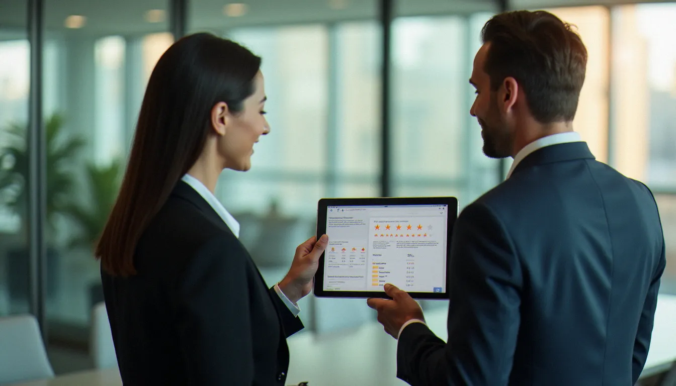 Deux professionnels en entreprise consultant un tableau de bord de corporate avis sur tablette dans une salle de réunion moderne