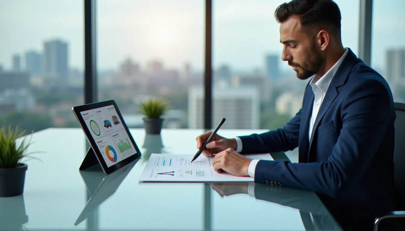 Dirigeant analysant les termes d'un contrat de corporate avis locations avec des données analytiques de flotte sur tablette dans un bureau moderne