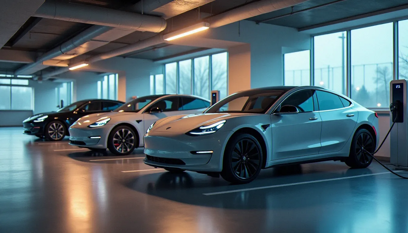 Véhicules électriques de flotte corporate en charge sur des bornes dédiées dans un parking d'entreprise moderne, illustrant les avantages du corporate avis locations pour la transition écologique