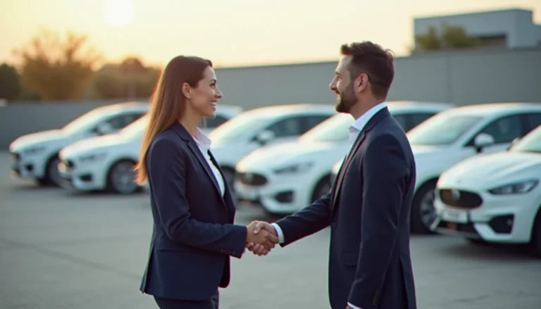Dirigeante d'entreprise concluant un accord de corporate avis locations avec un gestionnaire de flotte devant une rangée de véhicules professionnels