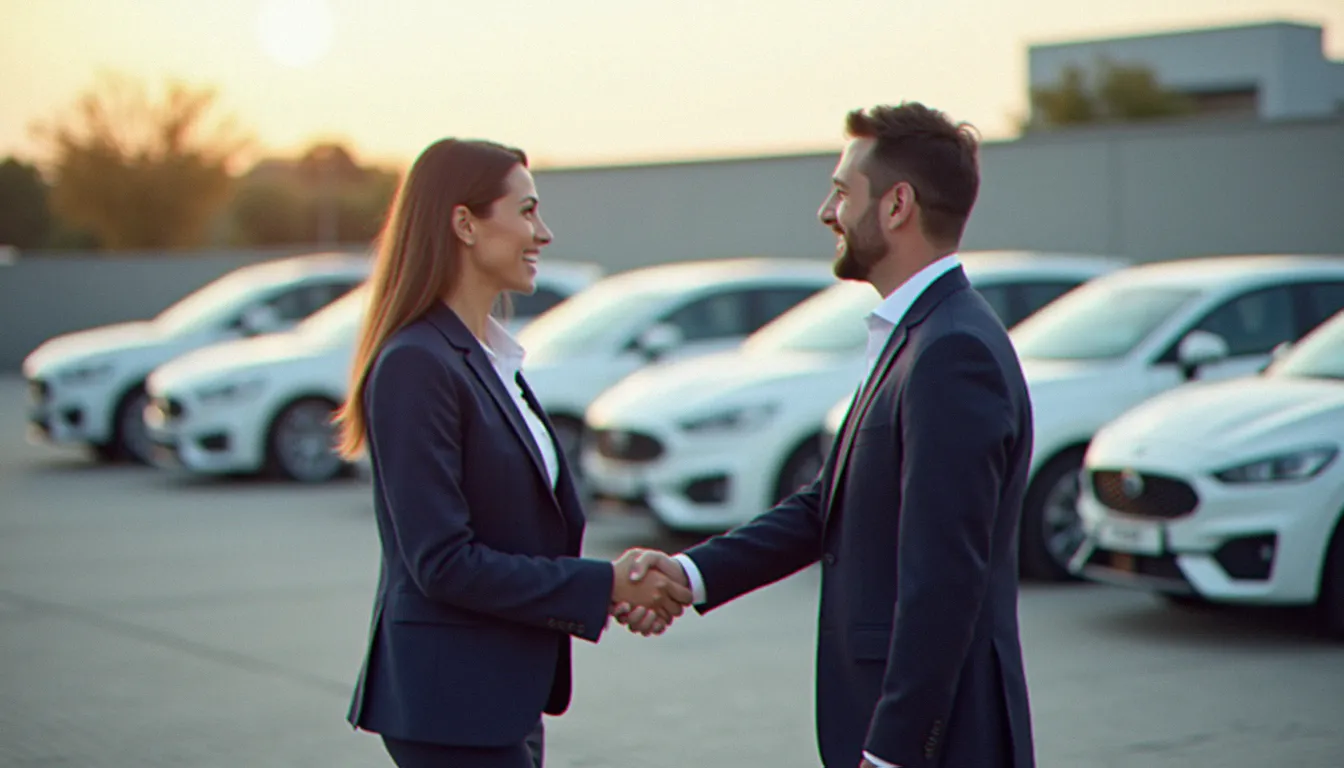 Dirigeante d'entreprise concluant un accord de corporate avis locations avec un gestionnaire de flotte devant une rangée de véhicules professionnels
