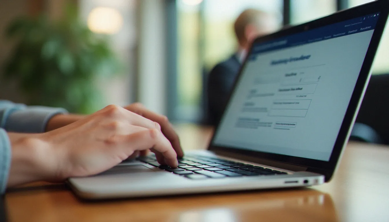Des mains masculines saisissant un numéro de compte corporate sur un clavier d'ordinateur portable dans un bureau moderne, représentant la saisie d'un corporate avis number lors d'une réservation en ligne