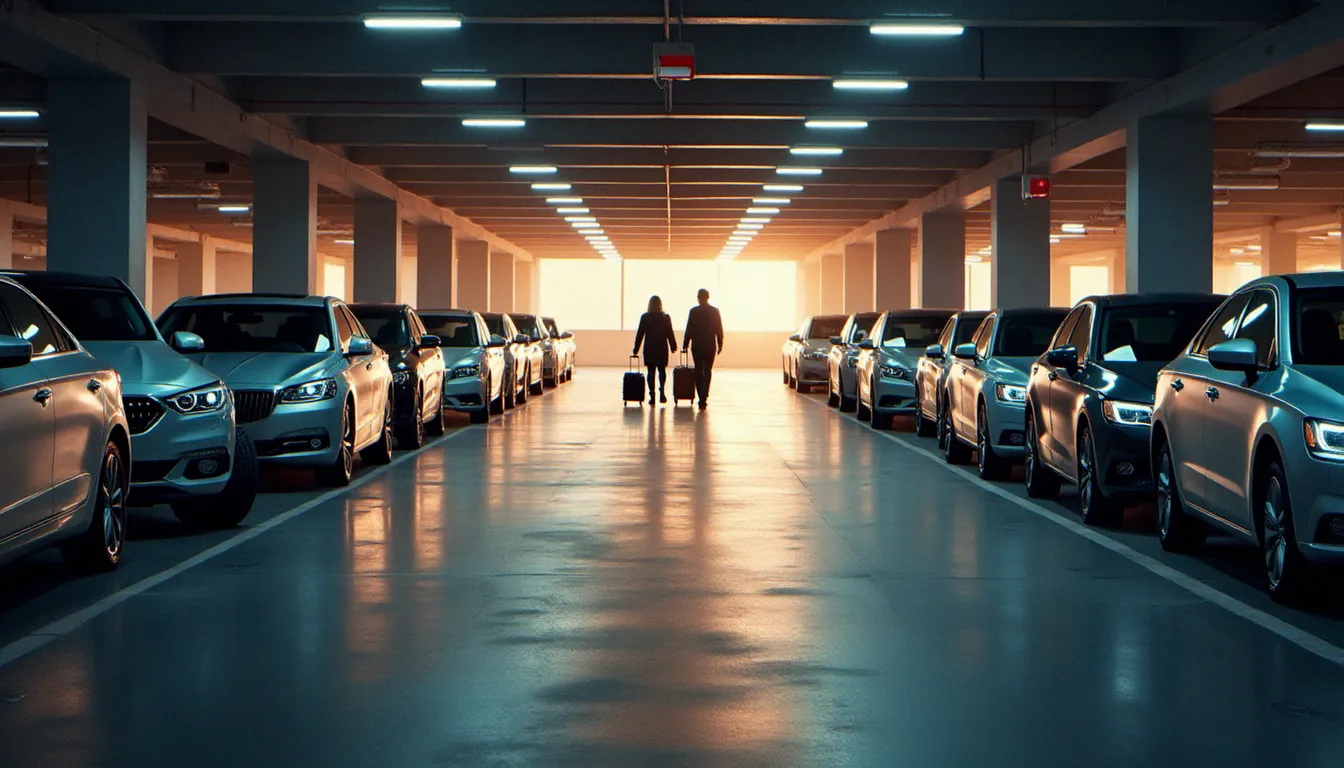 Une rangée de berlines grises d'un parc automobile corporate dans un parking souterrain moderne, illustrant la gestion centralisée des déplacements professionnels associée à un corporate avis number