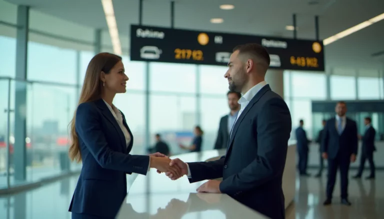 Une professionnelle en tenue corporate au comptoir de location de véhicules d'un aéroport, illustrant l'utilisation d'un corporate avis number pour une réservation d'entreprise