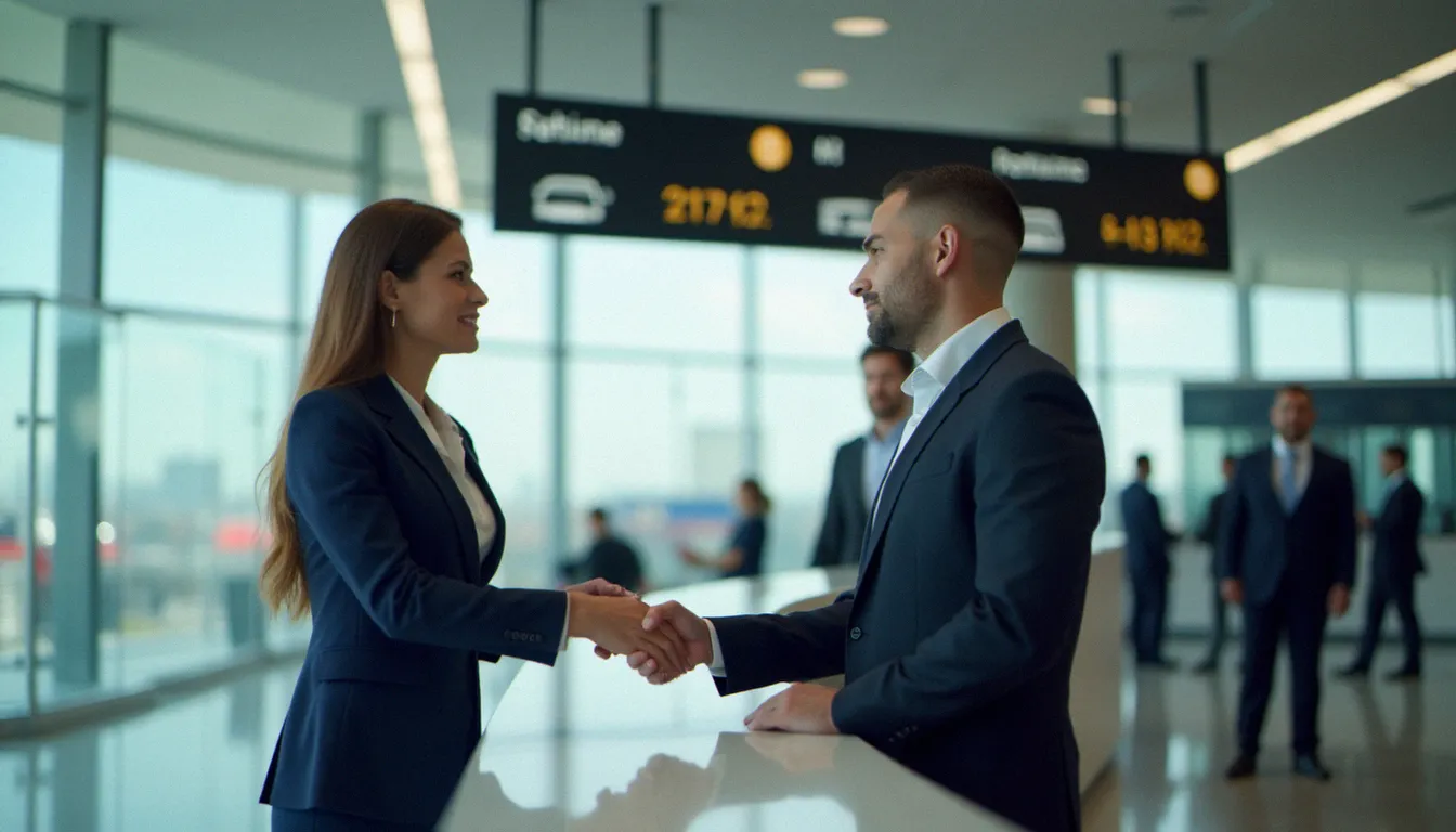 Une professionnelle en tenue corporate au comptoir de location de véhicules d'un aéroport, illustrant l'utilisation d'un corporate avis number pour une réservation d'entreprise