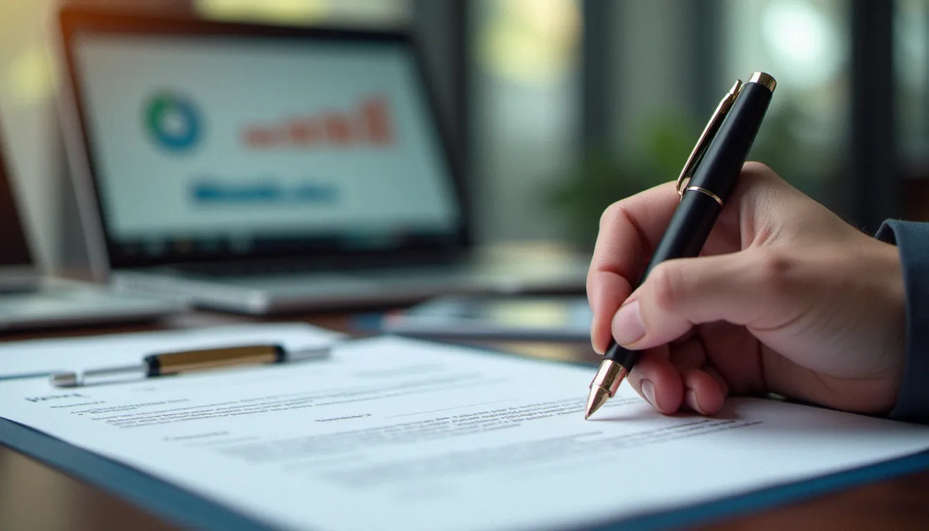 Signature d'un contrat de location corporate sur un bureau d'entreprise, avec tableau de bord de gestion de flotte visible en arrière-plan flou