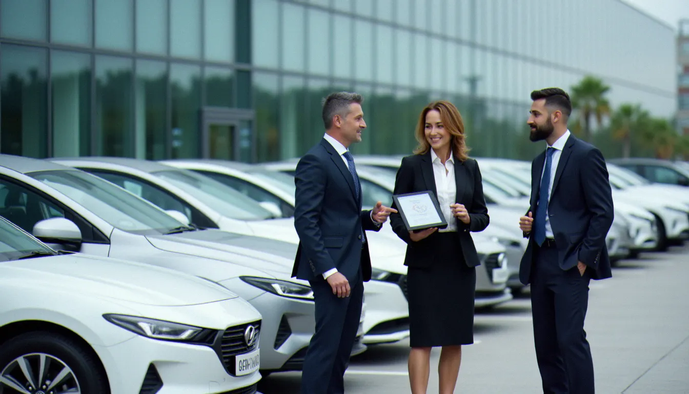 Équipe de professionnels évaluant une flotte de véhicules hybrides dans un parking d'entreprise, dans le cadre d'une politique voyage corporate structurée