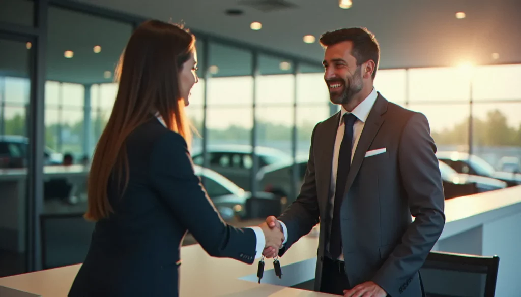 corporate avis rental featured Un cadre d'entreprise récupérant les clés d'un véhicule auprès d'un agent dans une agence de corporate avis rental moderne et lumineuse