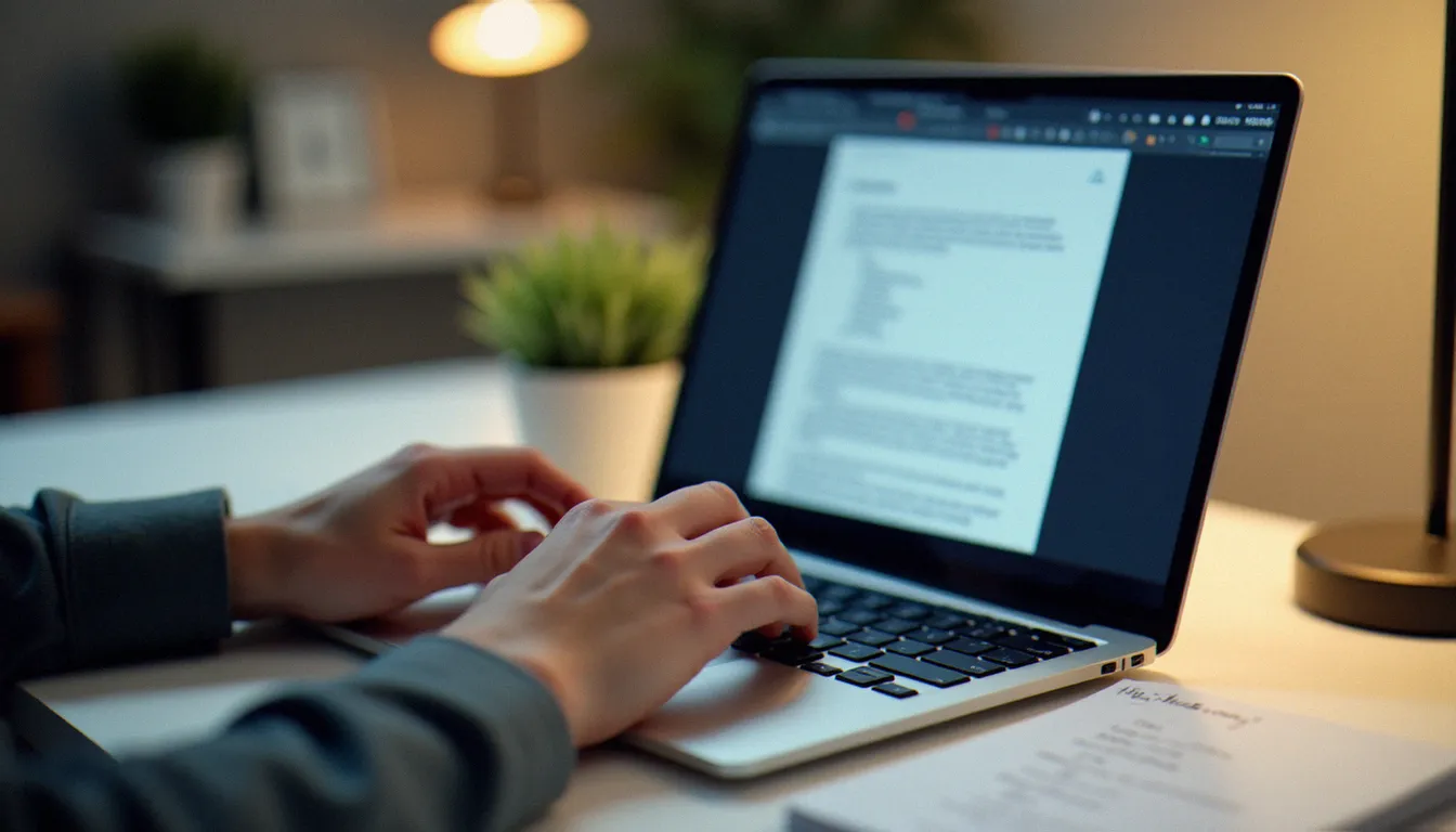 Mains tapant sur un clavier d'ordinateur portable lors de la rédaction d'une corporate bio professionnelle, avec un carnet de notes manuscrites à côté