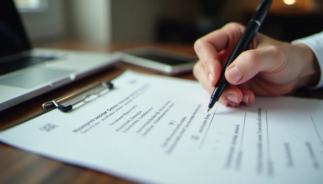 Rédaction manuscrite d'une corporate bio avec annotations sur une feuille blanche dans un environnement de bureau professionnel