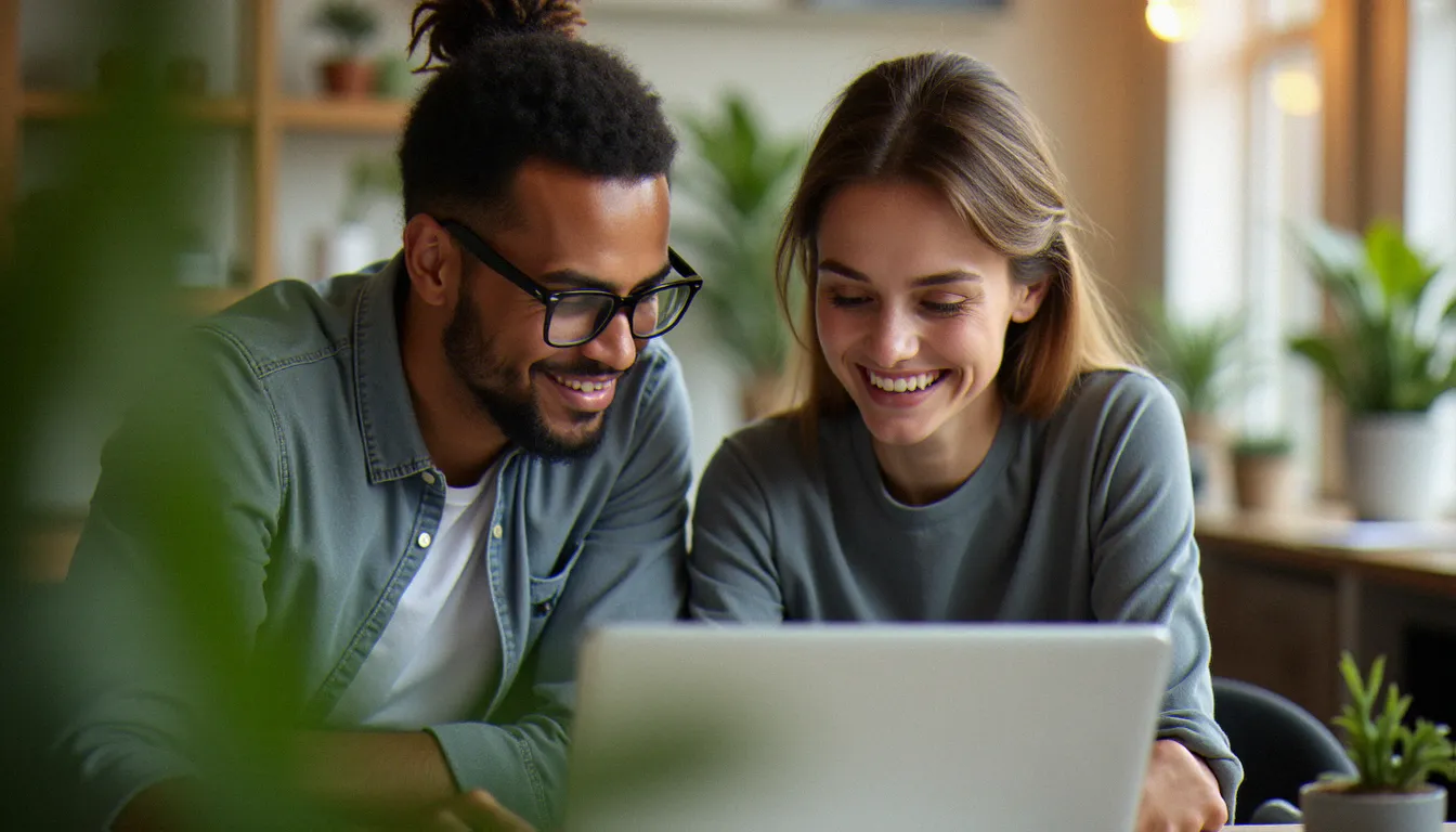 Deux professionnels consultant ensemble des exemples de biographies corporate sur un écran d'ordinateur dans un espace de travail collaboratif