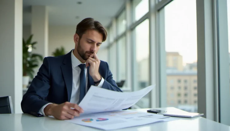 Professionnel en costume lisant des exemples de corporate bio sur des documents imprimés dans un bureau moderne à Paris