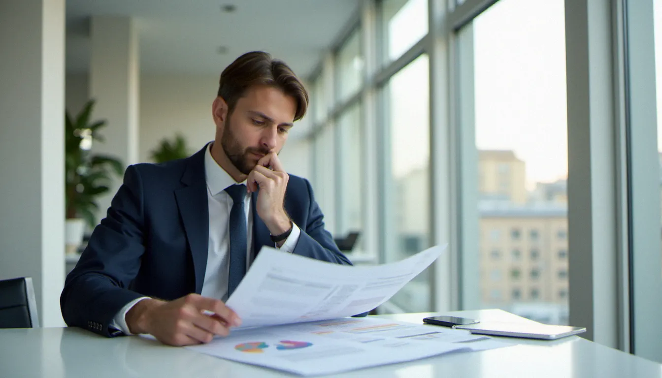 Professionnel en costume lisant des exemples de corporate bio sur des documents imprimés dans un bureau moderne à Paris
