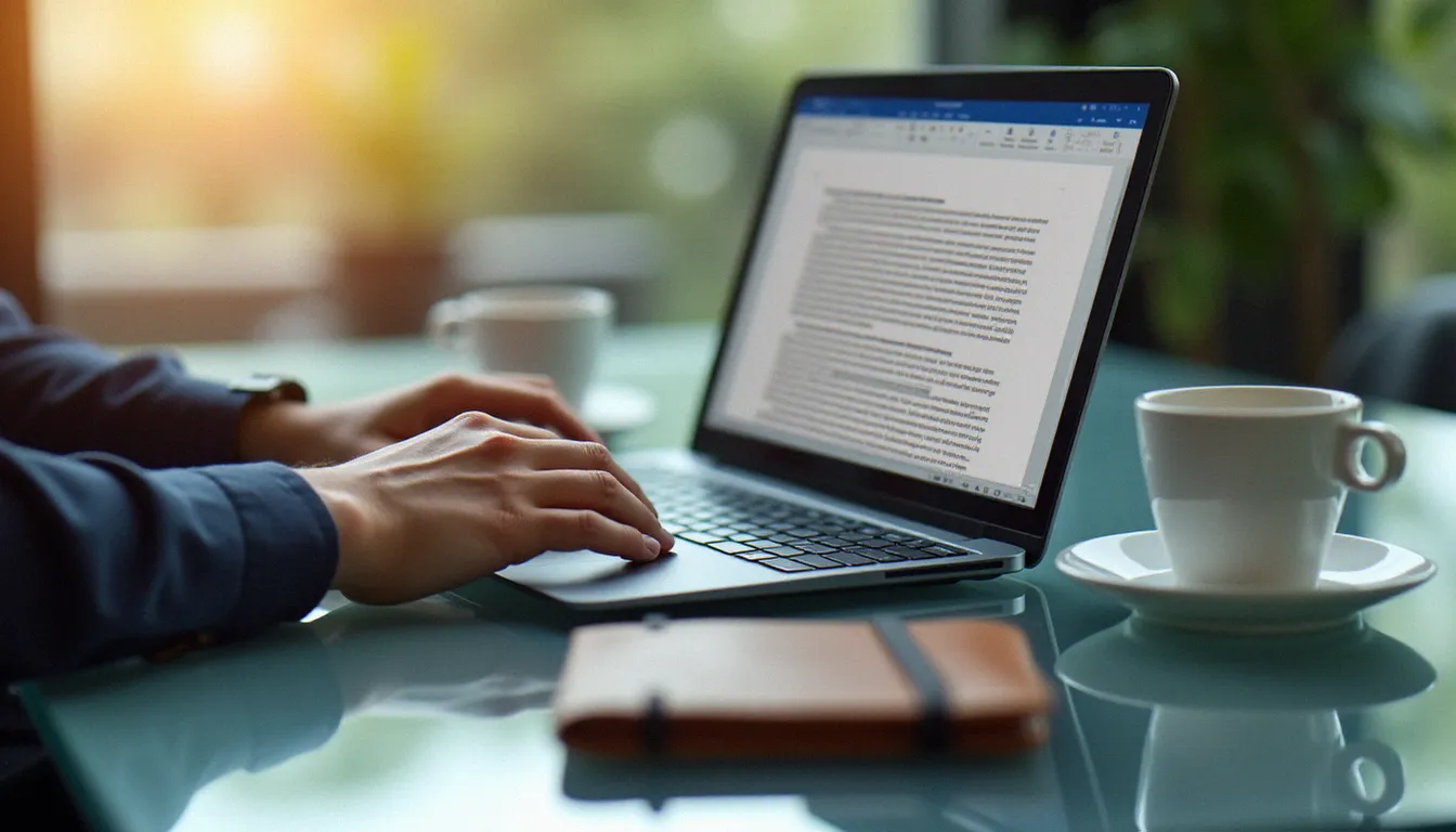 Mains d'un professionnel tapant une biographie corporate structurée sur ordinateur portable dans un bureau contemporain