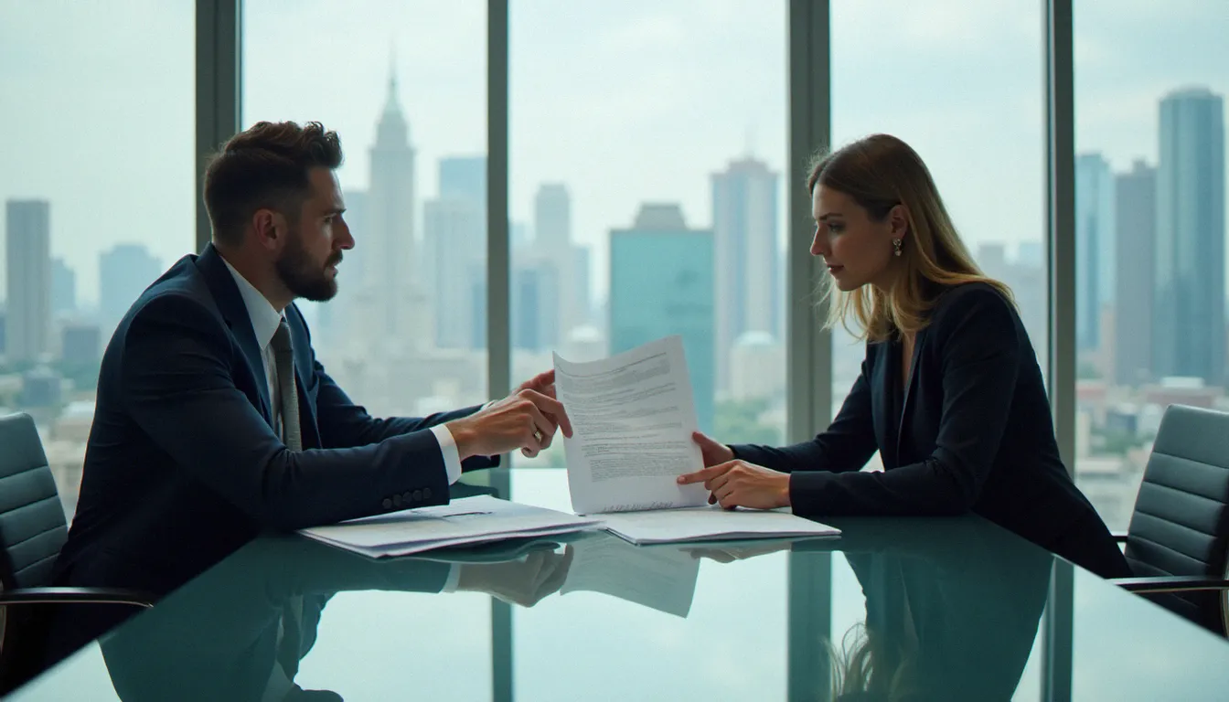 Deux professionnels B2B examinant ensemble les variantes d'un corporate bio template lors d'une réunion stratégique en salle de conférence moderne