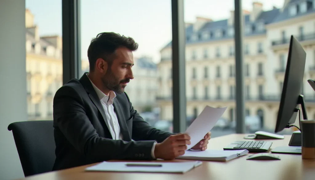 Consultant professionnel révisant un corporate bio template sur son bureau moderne à Paris, lumière naturelle du matin