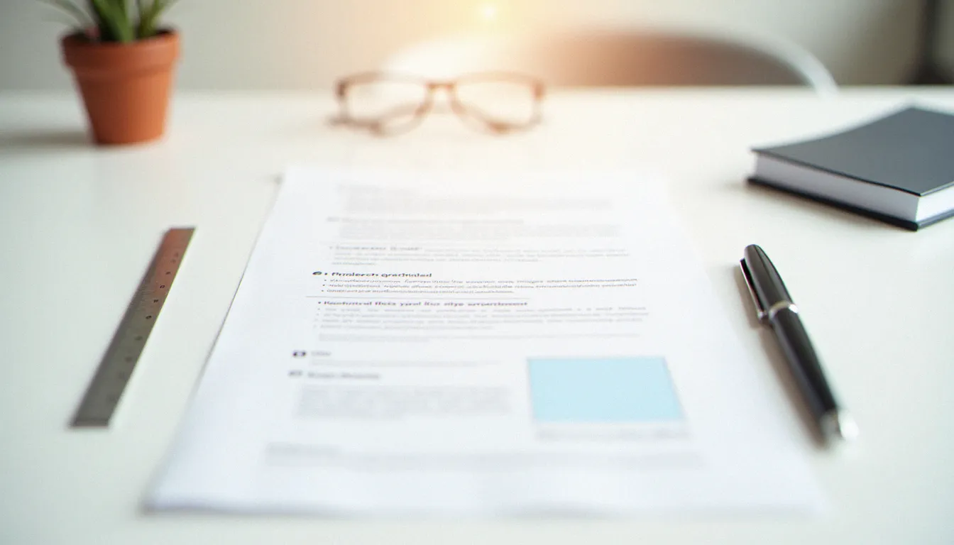 Vue en plongée d'un corporate biodata format bien structuré posé sur un bureau blanc avec stylo et règle, illustrant l'organisation professionnelle du document