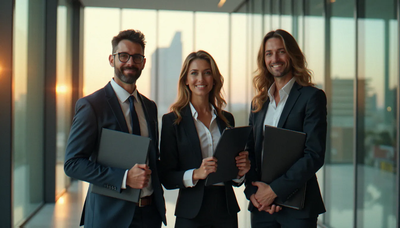 Équipe de trois dirigeants professionnels en tenue formelle dans un hall d'entreprise moderne, illustrant la crédibilité collective que confère un corporate biodata format cohérent et soigné