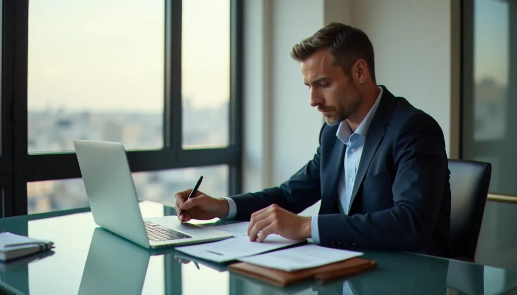Dirigeant d'entreprise consultant un corporate biodata format professionnel dans un bureau moderne lumineux à Paris