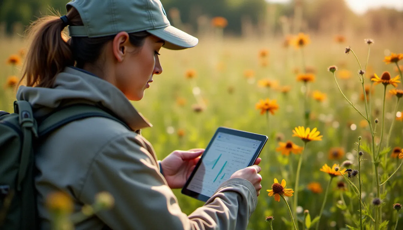 Analyste en développement durable mesurant des données de biodiversité sur le terrain, symbolisant la mesure concrète de l'empreinte biodiversité d'une entreprise