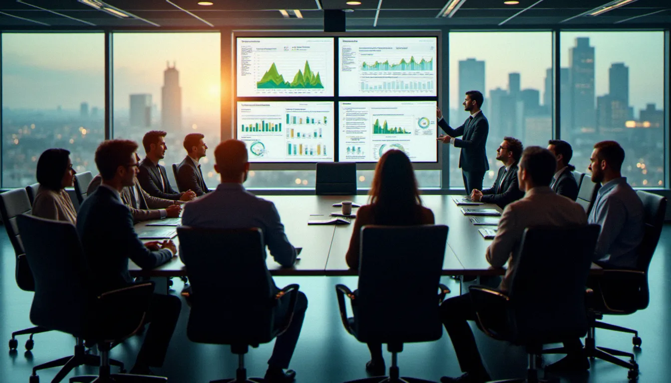 Équipe dirigeante en réunion stratégique autour de tableaux de bord nature en entreprise, incarnant l'intégration du corporate biodiversity footprint dans la stratégie globale