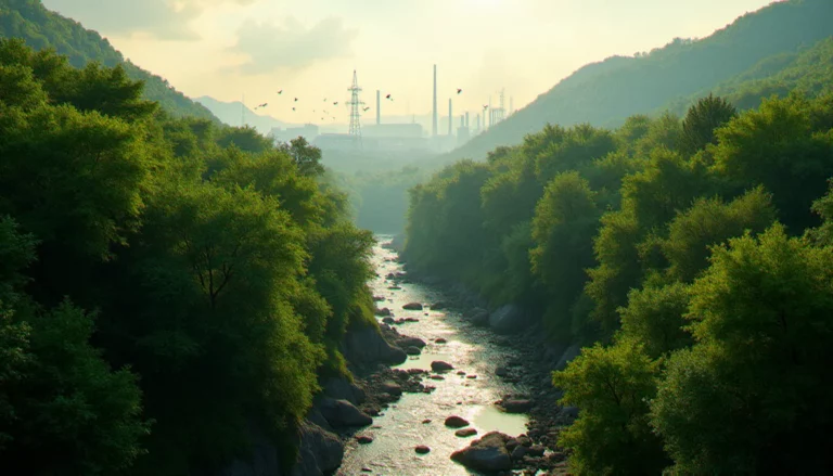 Vue aérienne d'un écosystème forestier diversifié jouxtant un site industriel moderne, illustrant l'enjeu du corporate biodiversity footprint en entreprise