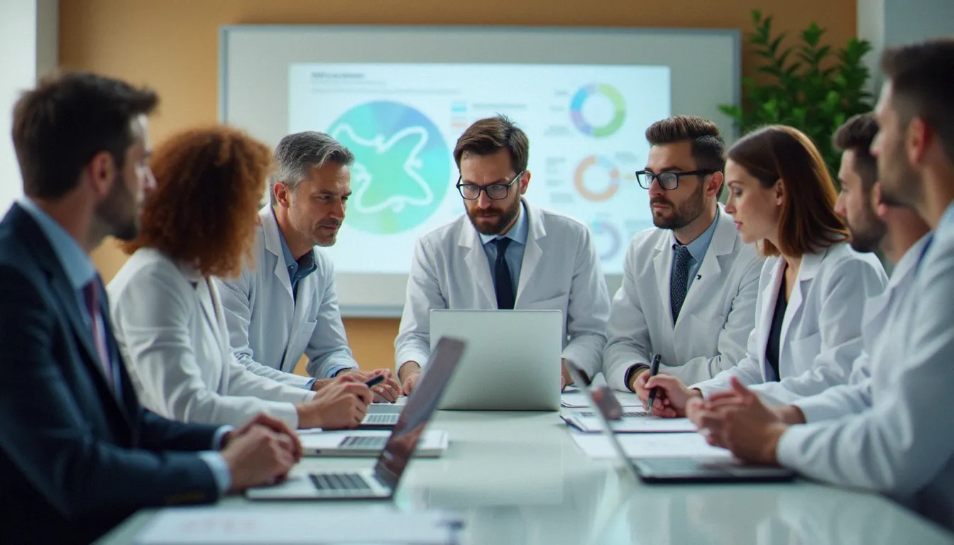 Équipe mixte de scientifiques et de professionnels du business en réunion stratégique dans une entreprise biotechnologique, représentant la collaboration typique des corporate biology jobs