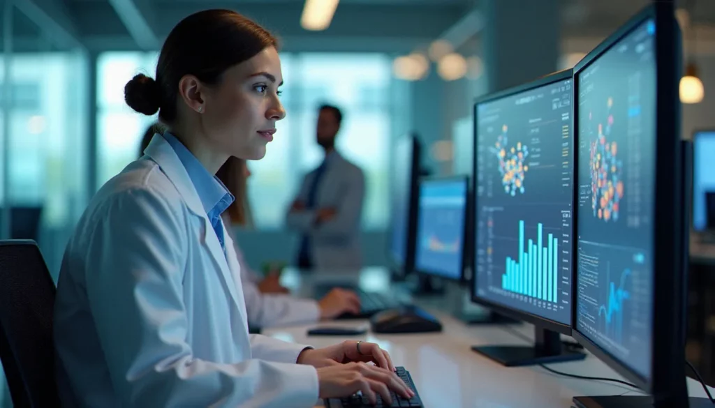 Biologiste professionnel travaillant sur des données scientifiques et commerciales dans un environnement de bureau corporate moderne, illustrant les corporate biology jobs