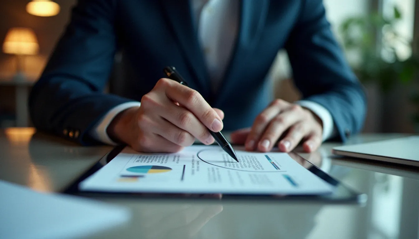 Consultant en stratégie corporate biotech analysant une feuille de route de développement pharmaceutique dans un bureau professionnel