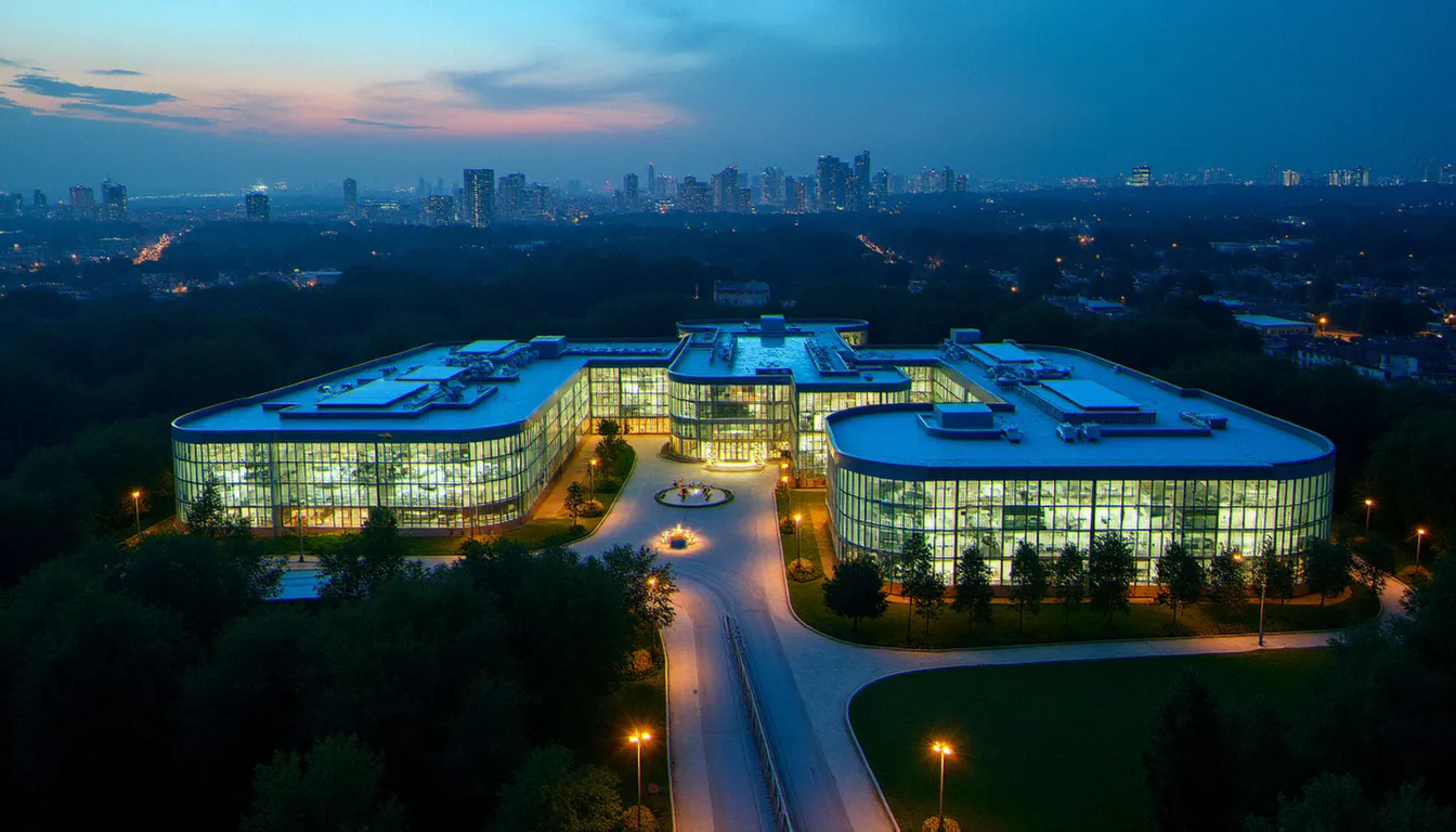 Campus d'une entreprise corporate biotech vu du ciel au crépuscule, illustrant la dimension institutionnelle et stratégique du secteur