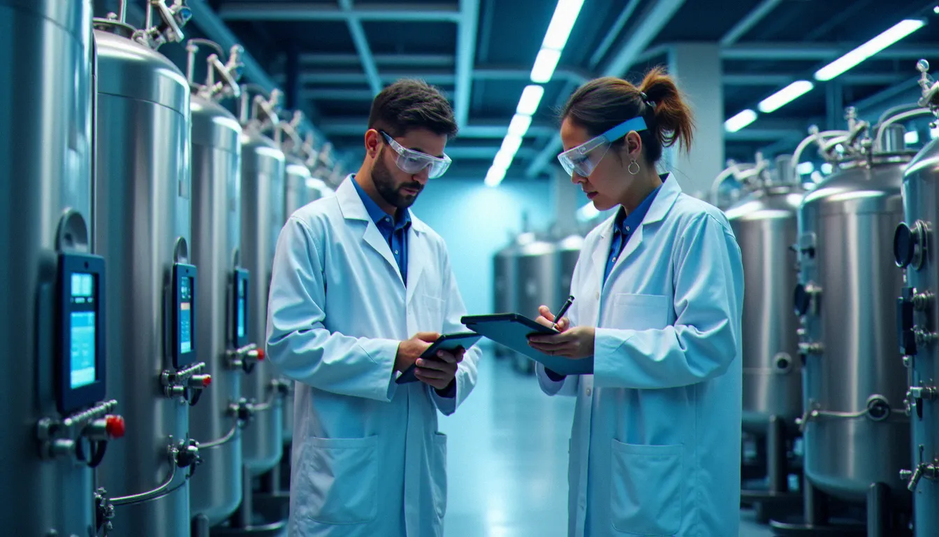 Intérieur d'une installation industrielle de corporate biotechnology avec des bioréacteurs en inox et des scientifiques analysant les données de fermentation en temps réel