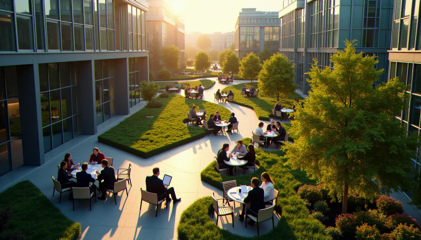 Vue aérienne d'un campus d'innovation en corporate biotechnology avec des bâtiments de recherche modernes et des équipes collaborant dans un environnement stratégique et verdoyant