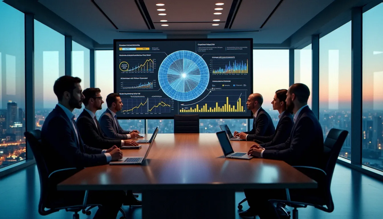 Salle de conseil d'administration moderne avec des visualisations de données en corporate biotechnology projetées sur grand écran, illustrant la prise de décision stratégique dans le secteur biotech