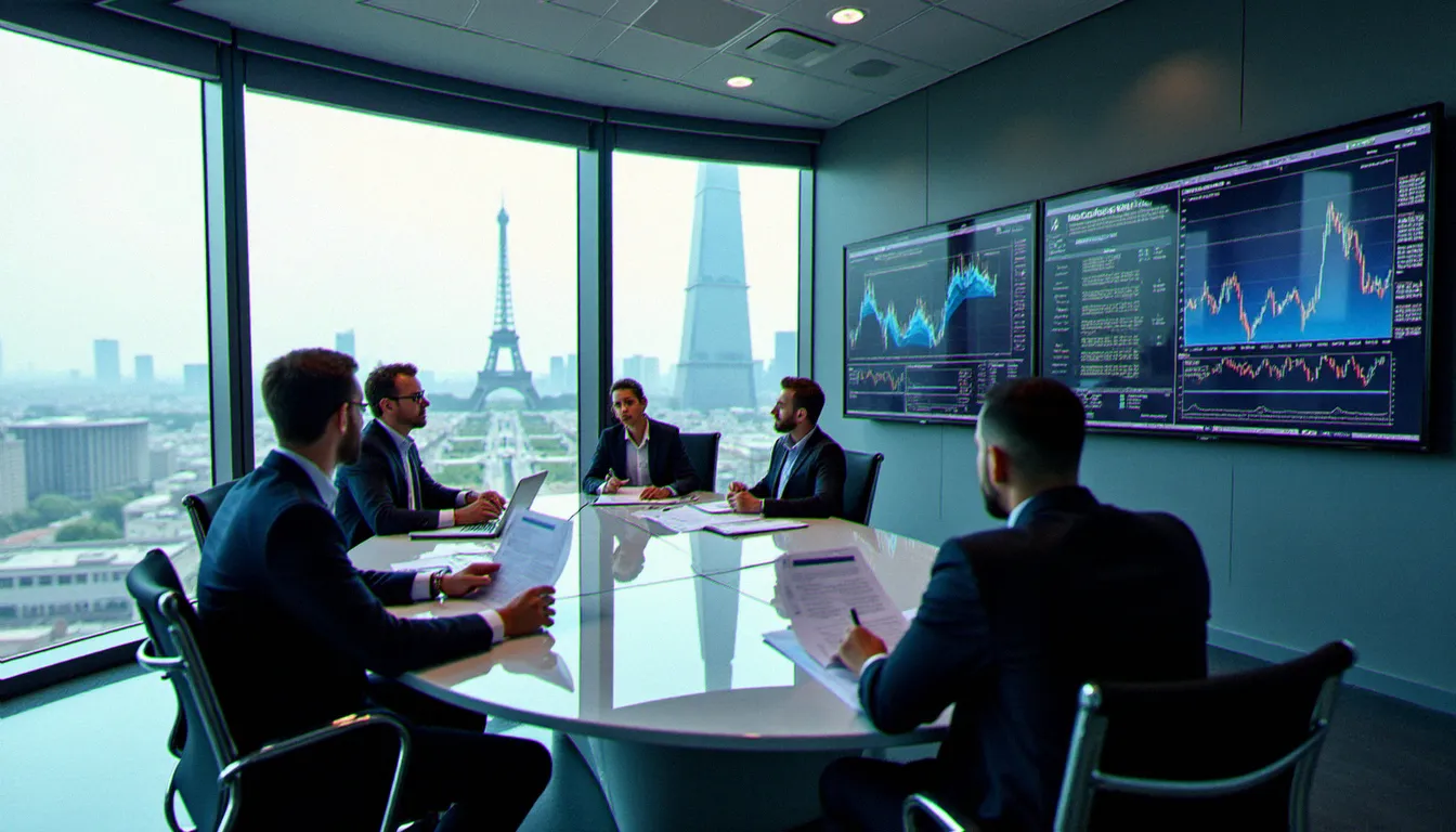 Réunion d'équipe bancaire dans une salle de conférence moderne en hauteur à Paris, illustrant l'organisation interne de la division CIB d'une grande banque corporate